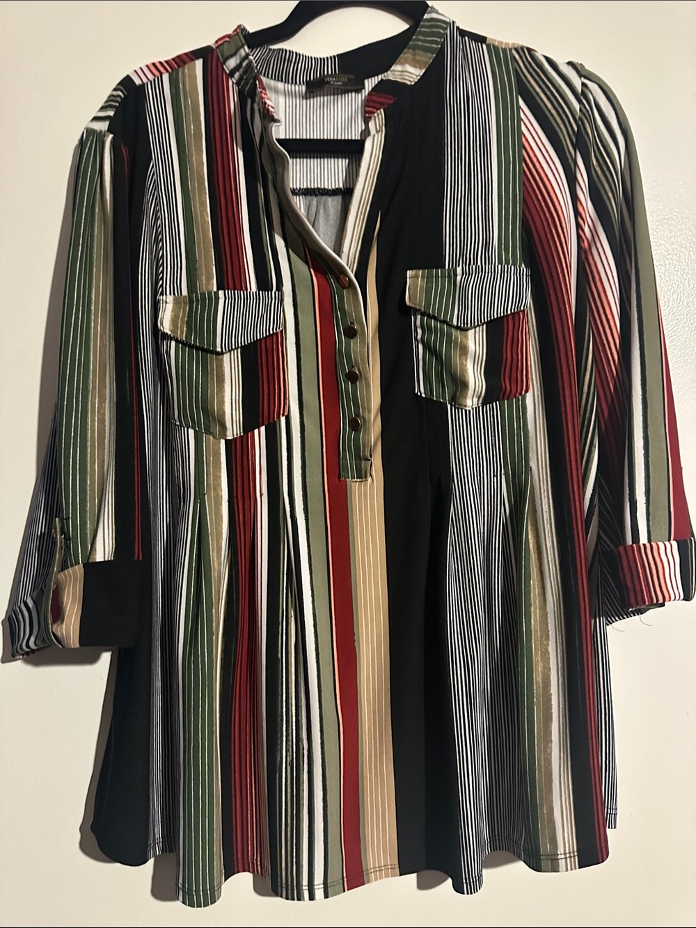 Striped Button-Front Tunic Top - Black Multi